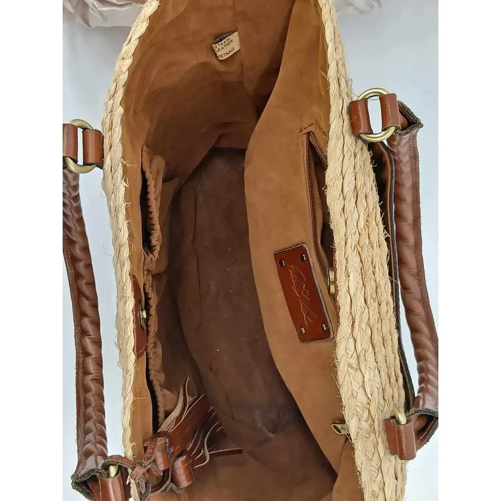 Woven straw tote bag with leather trim, Patricia Nash